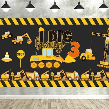 Letromp Construction 3rd Birthday Party Supplies Backdrop Banner Dump Truck Excavator Crane Digger Zone Background Photo Booth Props for Boys Construction Three Years Old Birthday Party Decorations Fa