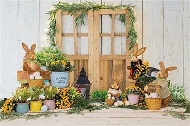 DASHAN 10x8ft Easter Backdrop Spring Bunny Photo Backdrop Rustic Barn Door Eggs Flowers Wooden Floor Background Baby Shower Party Cake Smash Decor Supplies Banner Photo Booth Props