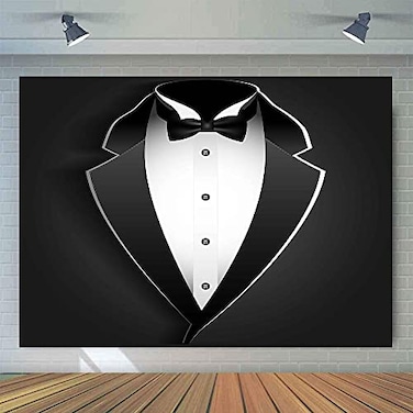 EMTOBT 7x5FT Gentleman Backdrop Black Tuxedo Photo Backdrop Men Black White Bow Tie Suit Banner Photography Background Boy Birthday Wedding Fathers Day Party Decorations Photo Booth Props