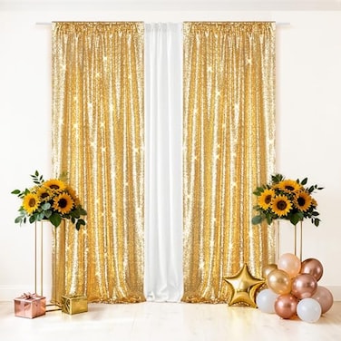 Eternal Beauty Sequin Backdrop Curtains 2x8 Ft2 Panels Gold Back Drop for Mothers Day Shimmer Photography Party Wedding Birthday Decor