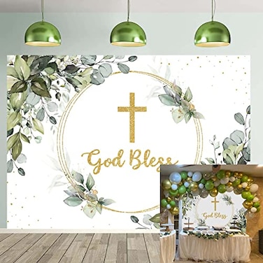 BUTEN Greenery God Bless Backdrop First Holy Communion Baptism Backdrop 7x5ft Green and Gold Eucalyptus Green Leaves Baby Shower Party Decor Background 7X5FT210x150cm