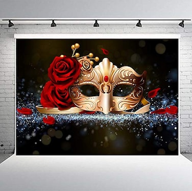 PHMOJEN Masquerade Backdrop Black Gold Mask with Red Rose Glitter Background for Masquerade Party Decorations Carnival Mardi Gras Prom Photo Booth Backdrop 7x5ft