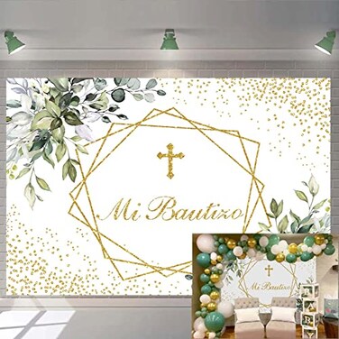 TENCOW Mi Bautizo Backdrop First Holy Communion Baptism Background Newborn Baby Shower Gold Glitter Background Greenery Eucalyptus Photo Booth Props 7x5ft