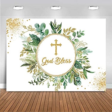 Mocsicka God Bless Baptism Backdrop 7x5ft First Communion Banner Backdrop Boys Girls Green Eucalyptus Leaves Mi Bautizo Background First Holy Communion Party Decorations Photo Banner Booth