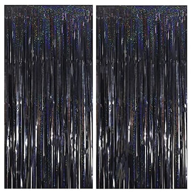 MORANTI 328 ft x 656 ft Iridescent Black Sparkle Metallic Tinsel Foil Fringe Curtains for Party Photo Backdrop Birthday Wedding Decorations Shiny Black 2 pcs