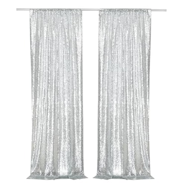 PartyDelight Silver Sequin Backdrop Curtains 2x8ft 2 Panels High Density 3mm Shimmer Sequin Background Sparkly Photography Drapes for New Years Eve Disco Parties Winter Wonderland Event Decor