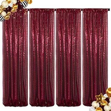 ShinyBeauty Sequin Backdrop 4 Panels Burgundy 2FTx8FT Fabric Photo Curtains for Party Baby Shower Glitter Backgrounds