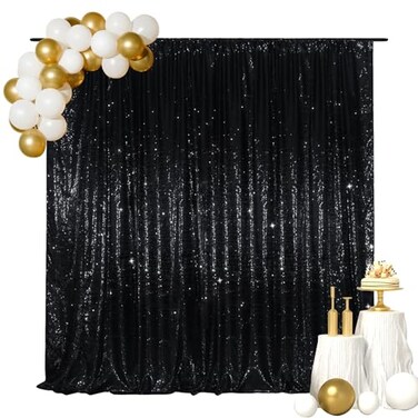 SquarePie 7x7ft Black Sequin Backdrop for Photography SatinBacked Real Sequin Curtain Enhanced Coverage Shimmering Background with 4 Rod Pocket for Wedding Birthday Party Decor 1 Panel