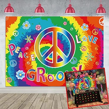 TENCOW 8X6FT 60s Hippie Theme Backdrop Peace Love Photography Background for 60s Hippie Theme Boho Carnival Party Decoration Banner