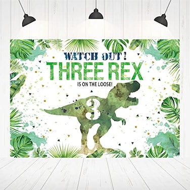 Hilioens 53ft Threerex Birthday Backdrop for Boys Dinosaur 3rd Birthday Green Leaf Background 3 Years Old Dinosaur Theme Party Banner Decorations