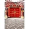 Laeacco Chinese Style Backdrop 5x7ft Vinyl Photography Background Red Gate Ancient Building Classical Architecture New Year Red Lantern Pink Pulm Blossoms Trees