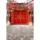 Laeacco Chinese Style Backdrop 5x7ft Vinyl Photography Background Red Gate Ancient Building Classical Architecture New Year Red Lantern Pink Pulm Blossoms Trees