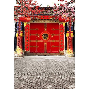 Laeacco Chinese Style Backdrop 5x7ft Vinyl Photography Background Red Gate Ancient Building Classical Architecture New Year Red Lantern Pink Pulm Blossoms Trees