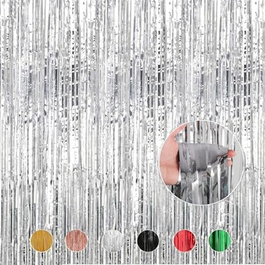 YESON 4 Packs Silver Foil Fringe Curtains Metallic Tinsel Shimmer Curtain Photo Booth Backdrops with Adhesive for Party Decorations