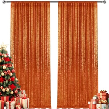 Pufogu 28FT2PCS Orange Sequin Backdrop Curtains Panels Photography Backdrop Glitter Curtains Fabric Background for Christmas Wedding Party Decor