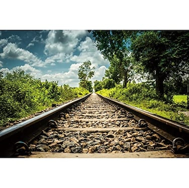 Eainb 7x5FT Spring background Train Track Background Green Tree Blue Sky and white Clouds for Photoshoot Nature Scenery Photography Background Artistic Portrait Photo Shoot Studio Props Video Drop Wal
