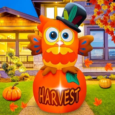 JOYEASE 6 FT Thanksgiving Inflatables Owl on Pumpkin LED Light Fall Inflatables Outdoor Decorations for Lawn Yard Garden Holiday Party