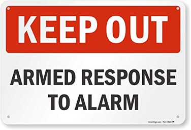 SmartSign 12 x 18 inch Keep Out Armed Response To Alarm Metal Sign 63 mil Laminated Rustproof Aluminum Red Black and White