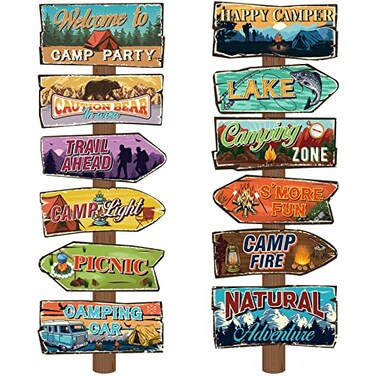 Qunclay 24 Pcs Camping Party Sign Party Decor Camping Themed Cutouts Rustic Welcome Yard Wall Directional Signs for Party Supplies Backdrop Decoration