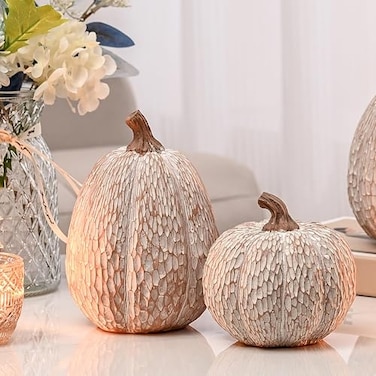 AOMOONOA Artificial Pumpkin Decor Brown and White Decorative Pumpkins Thanksgiving Resin Pumpkins Figurine Set of 2 Carved Pumpkin Statues for Rustic Fall Tabletop Home Decor Harvest Wedding