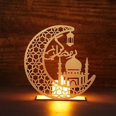 Honoson Eid Crafts Night Light Ramadan Mubarak Light 3D Wooden Moon Shape Decoration Ramadan Mubarak Lamp Eid Ornaments for Muslims Islamic Table Decor 58 x 55 InchLetter