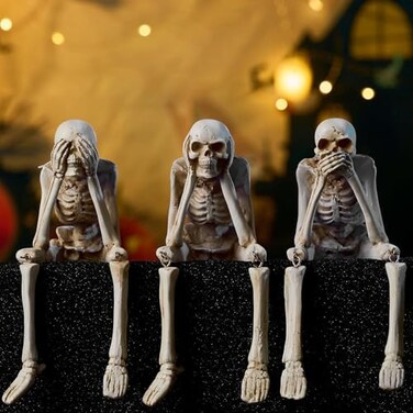 HOLIHIFI Halloween Skeleton Decor Indoor Hear See Speak No Evil Skeletons for Mantel Shelf Set of 3 Resin Funny Skeleton Decorations