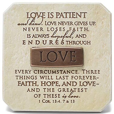 Lighthouse Christian Products Love Endures Sandstone 375 x 375 Cast Stone Bronze Title Bar Plaque