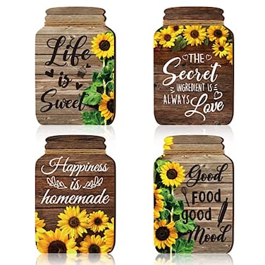 Qunclay 4 Pcs Sunflower Kitchen Wall Decor Mason Jar Set Wooden Rustic Home Decor Inspirational Kitchen Hanging Farmhouse Wall Signs for Home decoration