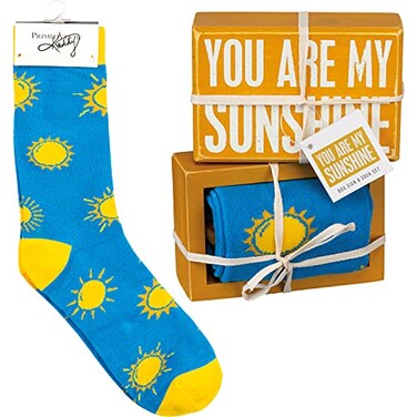 Primitives by Kathy Decorative Box Sign Pair of Socks Gift Set You are My Sunshine