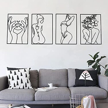 Glamativity Large 4 Pack Black Wall Art Minimalist Single Line Art Real Metal Wall Art Womans Body Shape Abstract Art Black Classic Style L Size 225 x 157