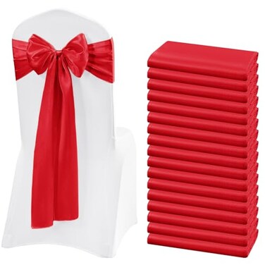 Lykoow 60 Pcs Red Chair Sashes Satin Chair Bows Sashes for Party Hotel Wedding Reception Restaurant Event Decoration 7 x 108 inch