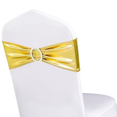 WENSINL Spanedx Gold Chair Sashes 50 Pack for Wedding Party Elastic Chair Bands Bows Decorations Without White Chair Covers Metallic Gold