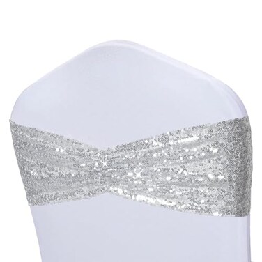 Poise3EHome Silver Sequin Chair Sashes Double Sided Glitter Folding Chair Covers Bow for Baby Shower Party Wedding Banquet Reception Decorations 20 PCS