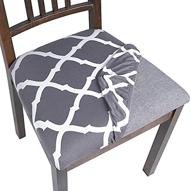 SearchI Seat Covers for Dining Room Chairs Stretch Printed Chair Seat Covers Set of 4 Removable Washable Upholstered Chair Seat Protector Cushion Slipcovers for Kitchen OfficeGreyWhite