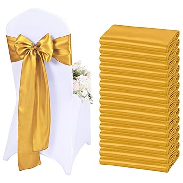 Lykoow 60 Pcs Gold Chair Sashes Satin Chair Bows Sashes for Party Hotel Wedding Reception Restaurant Event Decoration 7 x 108 inch