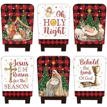 FuWeave 6 Pcs Christmas Nativity Scene Chair Back Covers Xmas Chair Protector Slipcovers Washable Winter Dining Room Seat Covers for Home Hotel Kitchen Decorations