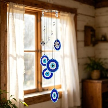 YU FENG Blue Evil Eye Wind Chimes for Outside 19 Hanging Ornament Metal Windchimes Outdoors Garden Decoration