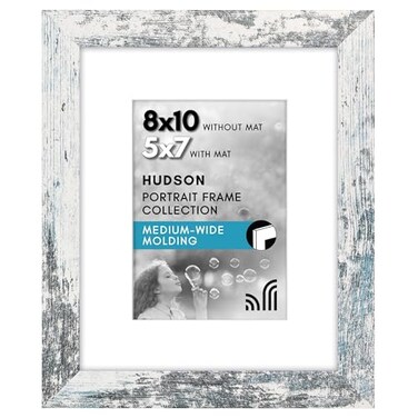 Americanflat 8x10 Poster Frame Distressed White Engineered Wood with ShatterResistant Glass Matted to 5x7 Photo Size Hudson Collection Wide Picture Frame for Wall Display Distressed White