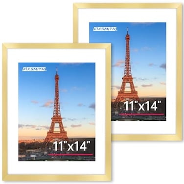 FIXSMITH 11x14 Picture Frame Set of 2 Photo Frame with HD Plexiglass Display Pictures 8x10 with Mat or 11x14 Without Mat Gold Picture Frames Collage Wall Decor Gallery Wall Frame