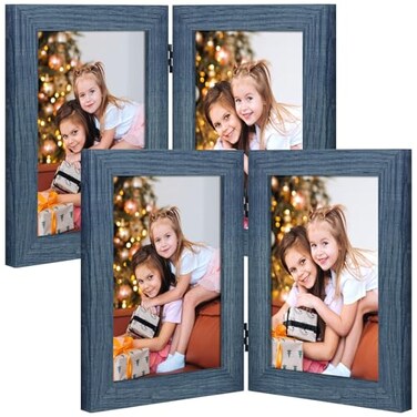 Frametory 5x7 Double Hinged Picture Frame with Glass Front Engineered Wood Two Photo Frame Collage for Vertical Display Side by Side Standing Frame Blue 2 Pack