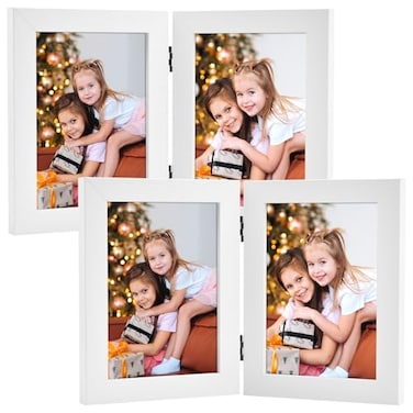 Frametory 5x7 Double Hinged Picture Frame with Glass Front Engineered Wood Two Photo Frame Collage for Vertical Display Side by Side Standing Frame White 2 Pack
