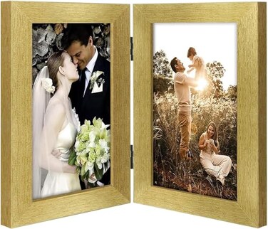 Golden State Art 5x7 Double Picture Frame Vertical Hinged Photo Frame 2 Opening Folding Family Frames Collage with Real Glass 5x7 Gold 1Pack