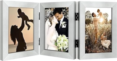 Golden State Art 5x7 Three Picture Frame Trifold Hinged Photo Frame with 3 Openings Desk Top Family Picture Collage with Real Glass 5x7 Triple Silver 1Pack