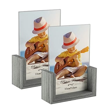 PETAFLOP 4x6 Picture Frame Set of 2 Double Sided Glass Photo Frames 4 by 6 Rustic Wooden Menu Holder Sign Card Stand for Desk Tabletop Display Light Gray