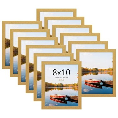 Picrit 8x10 Picture Frame Set of 12 Display 5x7 with Mat or 8x10 without Mat Photo Frames for Wall Mounting or Table Top Display Gold