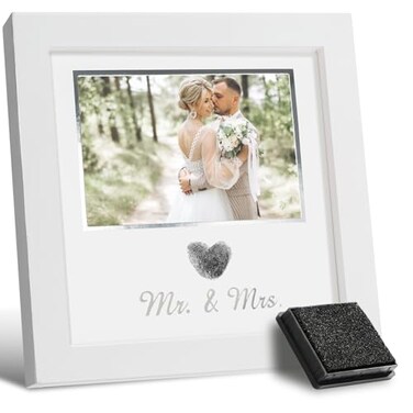 SEEBERY Heart Thumbprint Wedding Picture Frame with Ink Kit Engagement Gifts for Couples Keepsake Wedding Registry Search Personalized Bridal Shower Gifts for Mr And Mrs Newlywed White