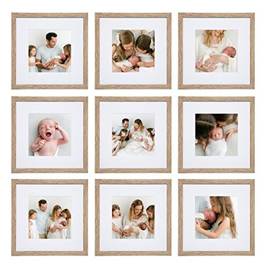 Sheffield Home 9 Piece Gallery Wall Frame Set 12x12 in Matted to 8x8 in Light Natural