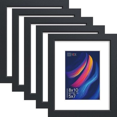 VCK 8x10 Picture Frame Black 5 Pack with Tempered Glass Displays 5x7 Photo with Mat or 8 x 10 Without for HorizontalVertical Tabletop Wall Hanging in Home Office or Gallery