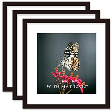 VITOIVE 16x16 Frame Black With Mat 12x12 Solid Wood Picture Frames Wall Mounting 3 pack 16x16 Inch