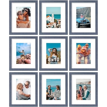 Vittanly 8x10 Picture Frames Set of 9 Shatter Resistant Plexiglass Display 5x7 Pictures with Mat or 8x10 without Mat Photo Frames for Wall or Tabletop Engineered Wood Navy
